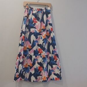 Walter Baker Navy Floral Tiered Maxi Skirt with Pink and Orange Accents